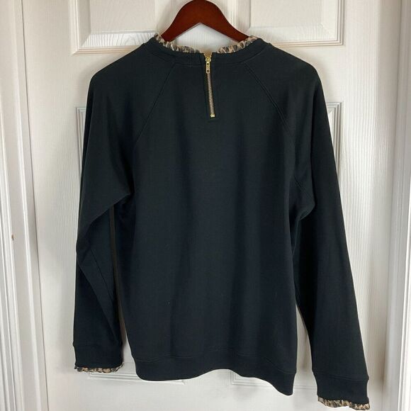 J Crew Women Black Sz XL Sweatshirt Animal Print Trim Pullover Zipper Comfort N3 - Picture 6 of 11